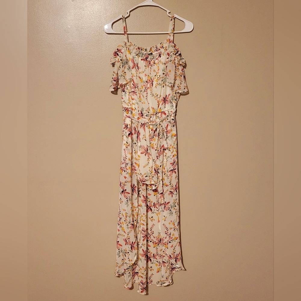 Lily Rose Womens White Floral Long Tail Cap Sleeve Shorts Chiffon Sundress‎ Sz S